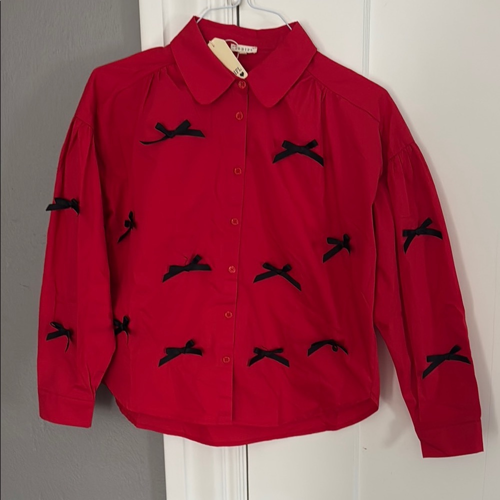 Jodifl Red Button-Up Blouse With Bow Detailing Size S